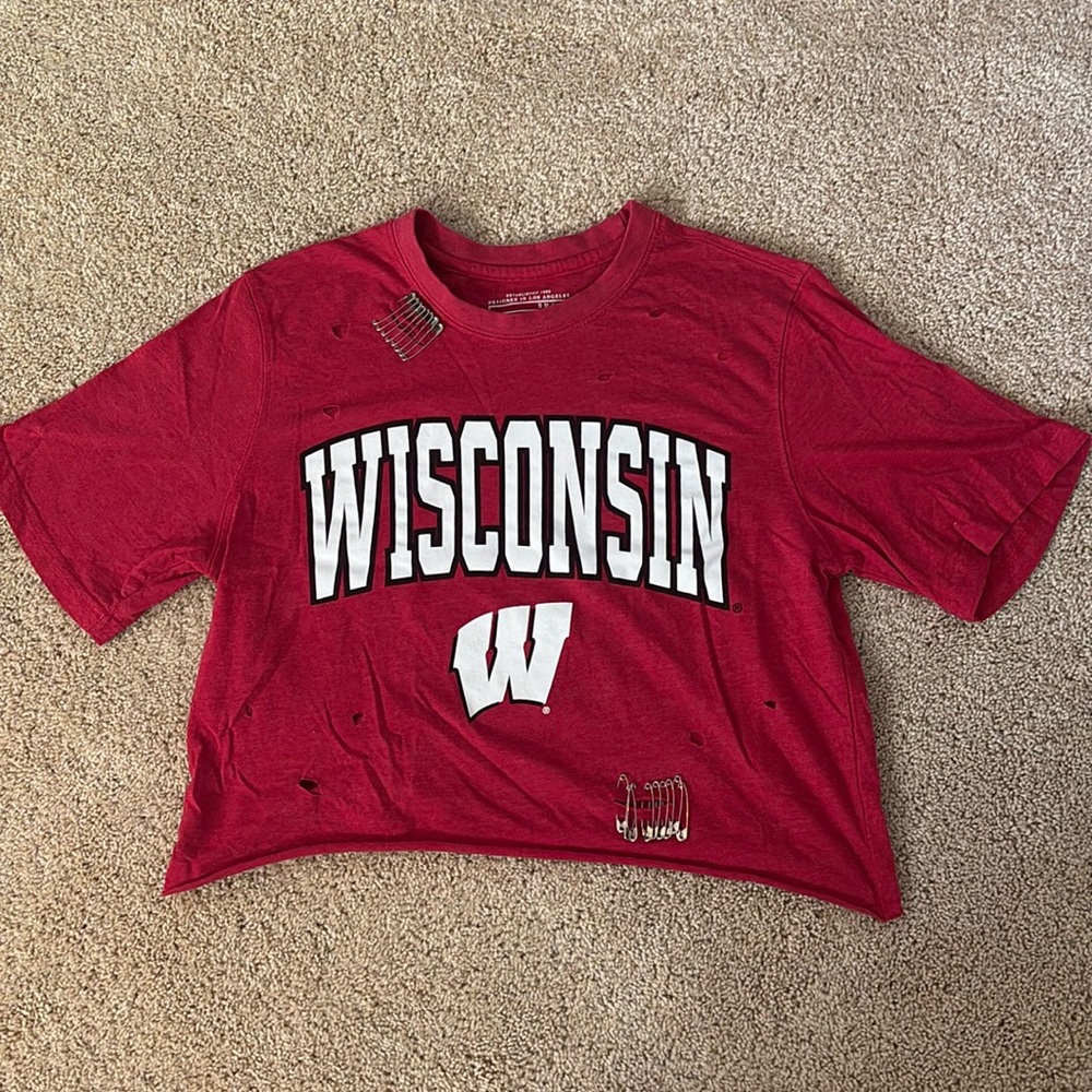 Wisconsin cropped tailgate tshirt, distressed with paper clips